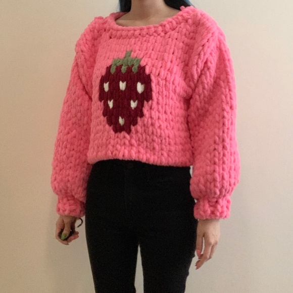 Hand Crafted Sweaters - Hot Pink Maroon Red Strawberry Graphic Chunky Chenille Knit Crop Sweater Y2k